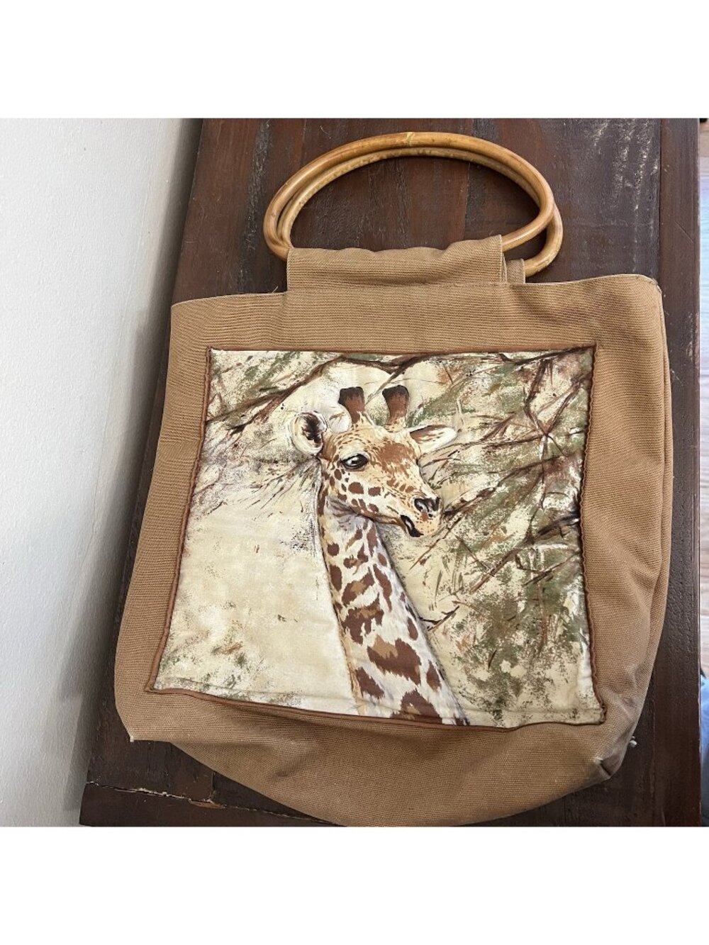 Heirloom Designs Lookout Mountain TN Giraffe Canvas Tote Wood Handles 14x12